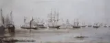 Naval action on the Canton river showing British naval vessels and Chinese war junks sepia watercolour Martyn Gregory label verso 19 x 47cm by William Adolphus Knell, watercolour, sold Dec 2021