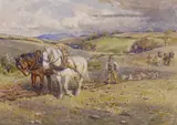 Ploughing' pencil and watercolour signed with monogram and dated 1905, Michael Bryan label verso 18 x 25cm by Joseph Harold Swanwick, 1905, pencil and watercolour, sold Dec 2021