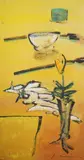 Apunte' a flower in a vase, a bowl and other objects maraoufle and wood signed with 2006 Messum's label verso 99 x 55cm by Perico Pastor, watercolor, offered Dec 2021