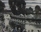 Boat Race, Cambridge, 1949, hand coloured wood engraving signed in pencil, titled and numbered 1, 18 x 23.5cm by Gwen Raverat, engraving, sold Dec 2021