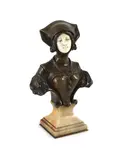 A French bronze and ivory bust of a medieval lady by Francois Alphonse Piquemal, bronze and ivory, sold Dec 2021