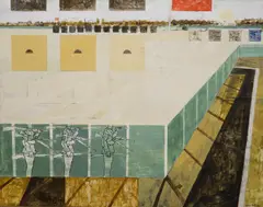 Rifle Range by David Holt, 1964, mixed media on board, sold Dec 2021