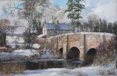 Beside the old bridge' oil on canvas signed 60 x 90cm by Clive Madgwick, oil on canvas, sold Dec 2021