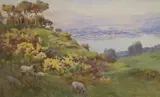 Sheep on a headland overlooking a river landscape by Warren Williams, watercolour, sold Dec 2021