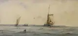 Fishing boats and steamer along the coast, initialled, 15 x 32cm by Richard Markes, watercolour, sold Dec 2021