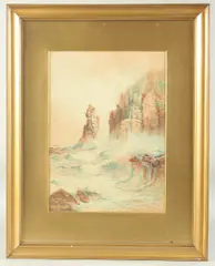 British, A coastal scene with waves crashing against the cliff, possibly Lands' End by Rubens Southey, watercolour, offered May 2023