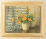 A still life of Marigolds in a cream vase by Matilda Mulvey, oil on canvas, offered May 2023