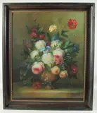 A still life of mixed flowers in a vase on a ledge by Gabriel J., oil on canvas, offered May 2023