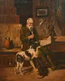 German, a gentleman reading a paper surrounded by his canine companions by Friedrich Kottmann, oil on canvas, offered May 2023