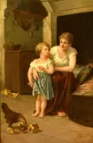 Italian, a mother and child in a cottage interior with chickens feeding on the floor by T. Molino, oil on canvas, offered May 2023