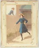 British, A young schoolgirl wheeling hula hoops along the ground with another young girl watching over a wall by Percy Tarrant, oil on board, offered May 2023