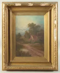 Female figure beside a country cottage by Sydney Yates Johnson, 1904, oil on canvas, offered May 2023