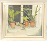 A cat resting amongst flowerpots on a windowsill by Brian Wilson, oil on canvas, offered May 2023