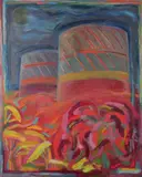 A colourful abstract of an urban landscape by P. Simpson, oil on canvas, offered May 2023