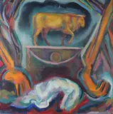A colourful abstract with a bull ornament by P. Simpson, oil on canvas, offered May 2023