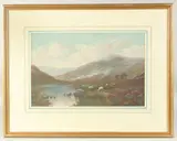 British, A pair of landscape views, one with mountains and cattle, the other with sheep, watercolours, both signed and 11" x 17 by Enoch Ward, watercolor, offered May 2023