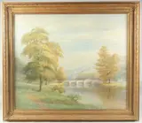 Figures by a meandering river with a stone bridge beyond by Alfred Thomas Fisher, watercolour, offered May 2023