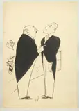 Irish, Two gentlemen standing wearing tails next to a shop counter, pen and ink by Edward Sylvester Hynes, ink, offered May 2023
