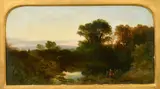 British, figures and sheep by water at dusk by William Williams of Plymouth, oil on board, sold Mar 2023
