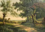 British, figures on a track leaving the woods with a distant view beyond by Ralph Jones, 1892, oil on canvas, sold Mar 2023