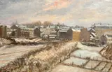 French, a view of a French town under snow at dusk by Fernand Patte, oil on canvas, sold Mar 2023