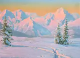 Austria, a view of tracks in the snow at dusk with mountains beyond by Friedrich Koko-Mikoletsky, oil on canvas, sold Mar 2023