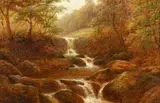 British, a waterfall leading to a rocky pool with sheep beyond by William Mellor, oil on canvas, sold Mar 2023