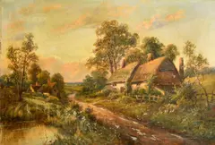 British, thatched cottage by a river with wildflowers by Walter Wallor Caffyn, oil on canvas, sold Mar 2023