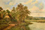 British, figure on a pathway by a meandering river by Walter Wallor Caffyn, oil on canvas, sold Mar 2023