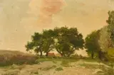 A building and trees by a pathway by Pieter Johannes Mak, oil on canvas, sold Mar 2023