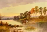 British, a figure and horses crossing a river at dusk by Henry Cooper, oil on canvas, sold Mar 2023