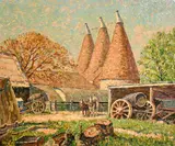 British, a figure and horses by oast houses by Henry Samuel Merritt, oil on canvas, sold Mar 2023