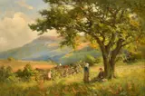 British, figures resting in an open landscape by William Greaves, oil on canvas, sold Mar 2023