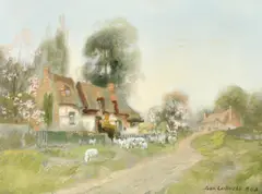 Scottish, Thatched cottages in Spring, with a shepherdess moving ewes and lambs along a grass verge by John Lochhead, oil on board, sold Mar 2023
