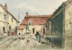British, Figures and chickens in a courtyard by Sarah Louisa Kilpack, oil on board, sold Mar 2023