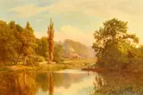 British, A view on the Thames, a river landscape with a cottage and figures in a boat by Edwin H. Holder, oil on canvas, sold Mar 2023