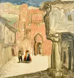 Figures in a street by Emile Gastemans, 1951, oil on board, sold Mar 2023