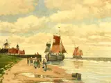 German, figures on a beach with barges moored close by by Adolf Hilgers, oil on canvas, sold Mar 2023