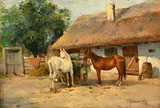Hungarian, a figure and two horses in a farmyard by György Németh, oil on panel, sold Mar 2023