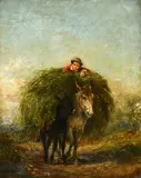 A young boy atop a bundle of foliage being carried by two by Charles H. Poingdestre, oil on canvas, sold Mar 2023
