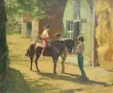 British, three children with a pony outside farm buildings on a summer day by Harry Freckleton, oil on canvas, sold Mar 2023