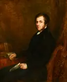 British Portrait of a gentleman seated by a table with books holding a letter by John Linnell, 1837, oil on canvas, sold Mar 2023