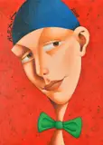 A stylised head study of a figure with a bow tie by Aleksey Kiryanov, acrylic on canvas, offered Mar 2023