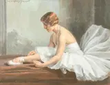 French, a study of a ballerina tying her shoe by Suzanne Daynes-Grassot, mixed media, sold Mar 2023