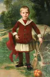 French, a child in a red outfit in a lakeside setting by Edmond-Louis Dupain, 1888, oil on canvas, offered Mar 2023