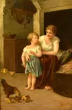 Italian, a mother and child in a cottage interior with chickens feeding on the floor by T. Molino, oil on canvas, offered Mar 2023