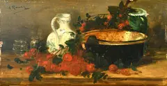 French, a pair of oil on mahogany panel still life paintings of fruit and kitchen objects by Alfred Rouby, oil, sold Mar 2023