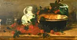French, a pair of oil on mahogany panel still life paintings of fruit and kitchen objects by Alfred Rouby, oil, sold Mar 2023