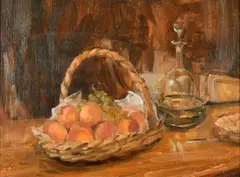 British, a still life of fruit in a basket and other objects by Carolyn Sergeant, oil on canvas, sold Mar 2023