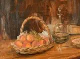 British, a still life of fruit in a basket and other objects by Carolyn Sergeant, oil on canvas, sold Mar 2023